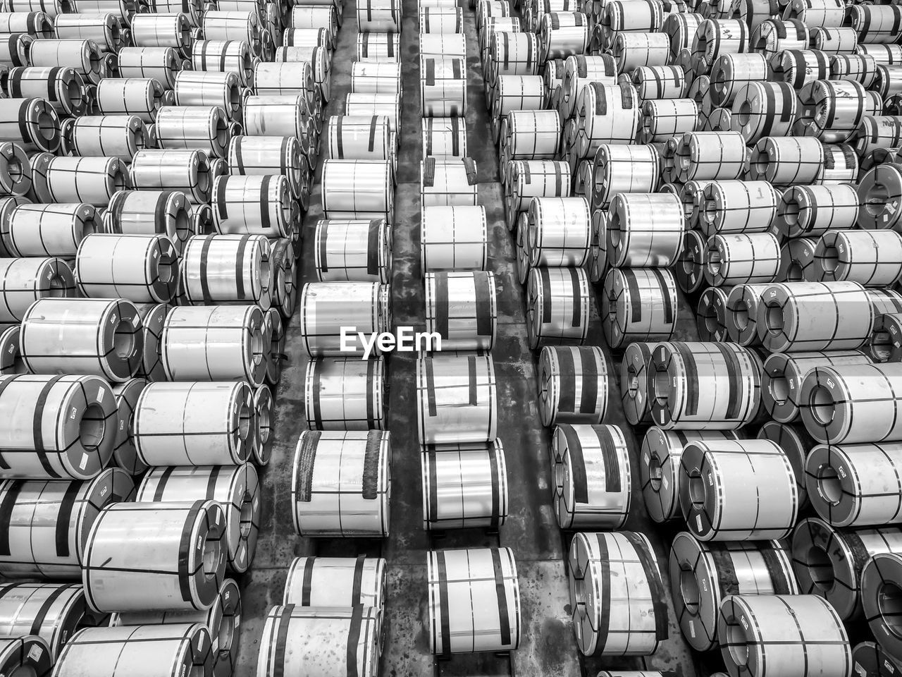 High angle view of huge rolled up cables at industry