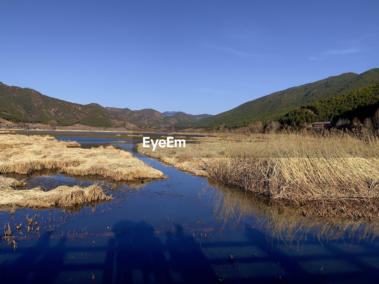 Scenic view of lake against clear blue sky