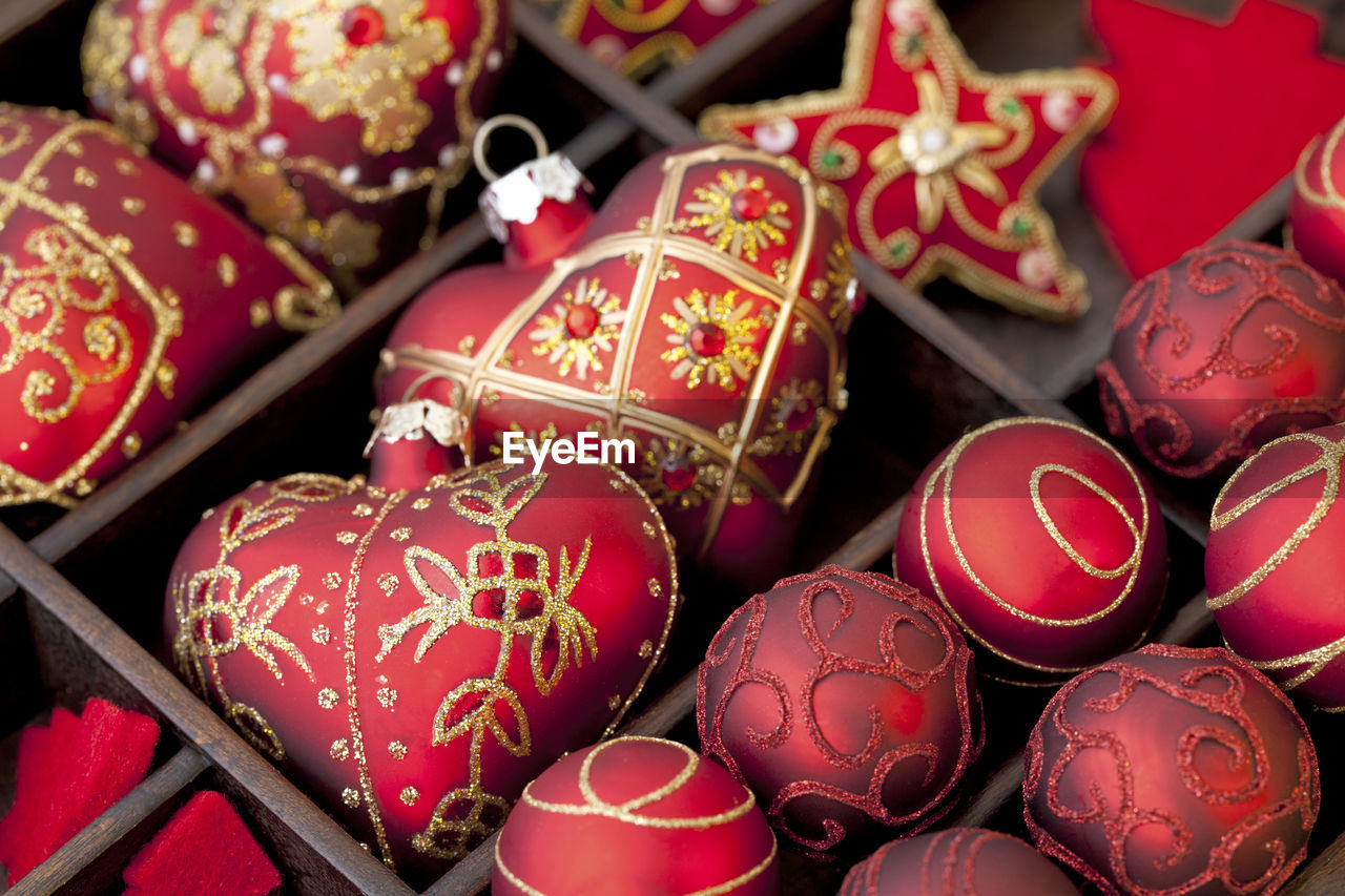 Full frame shot of red shiny christmas ornaments