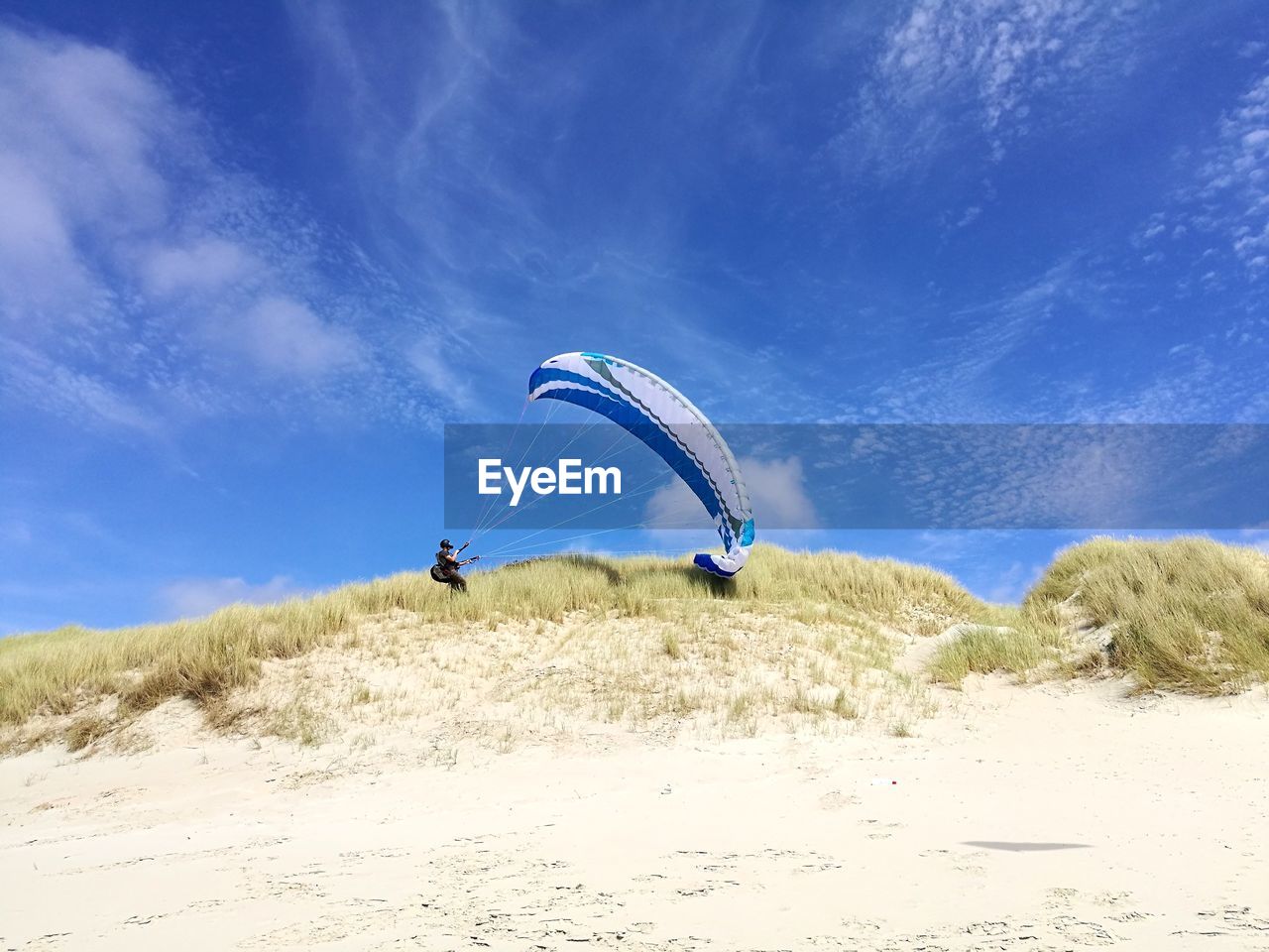 Side view of person paragliding at beach against blue sky during sunny day