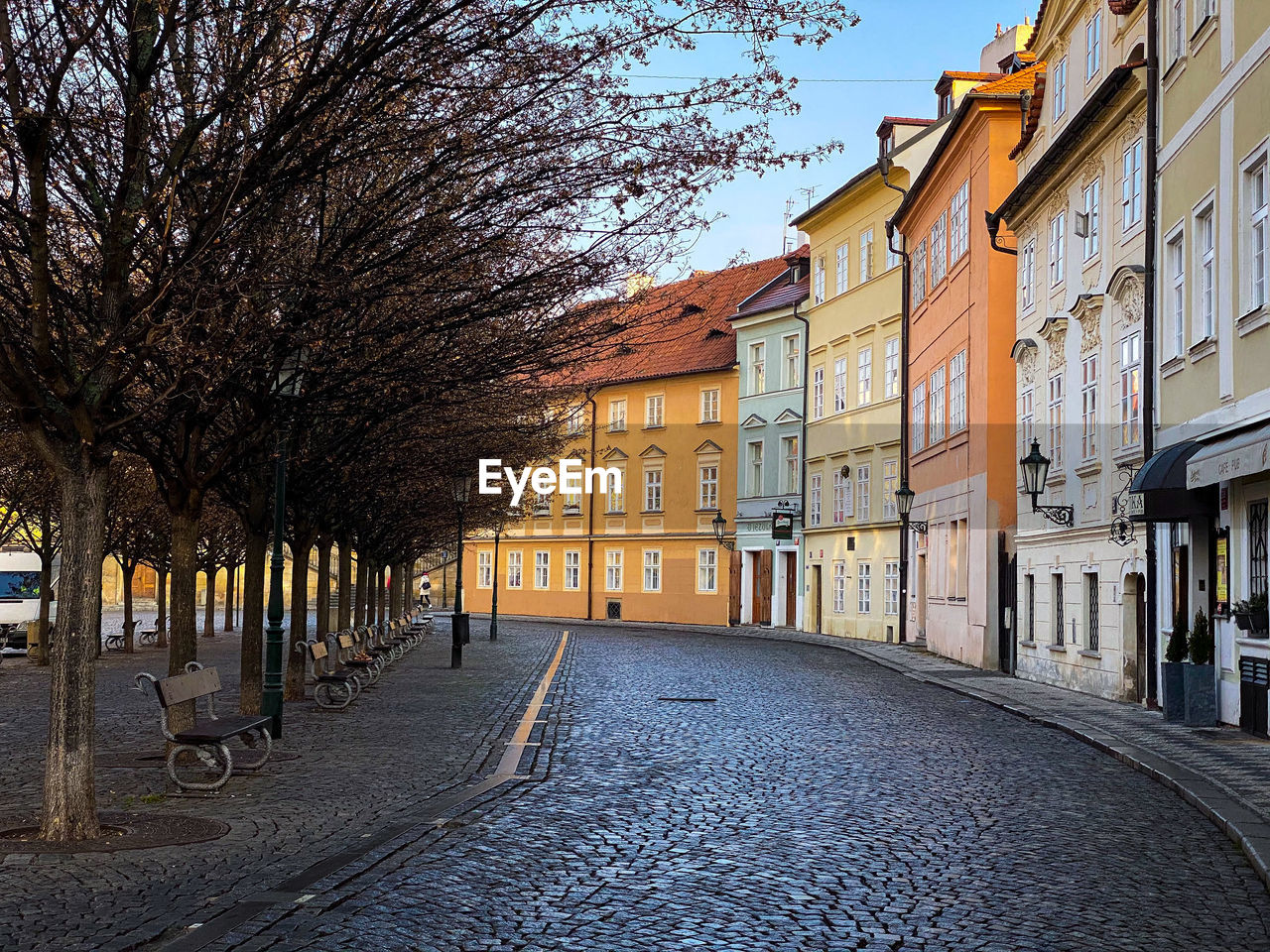 Street amidst trees and buildings against sky