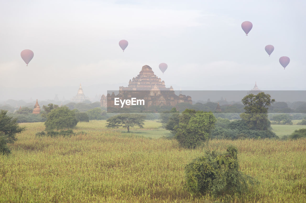 Hot-air balloons flying over dhammayangyi temple (bagan)