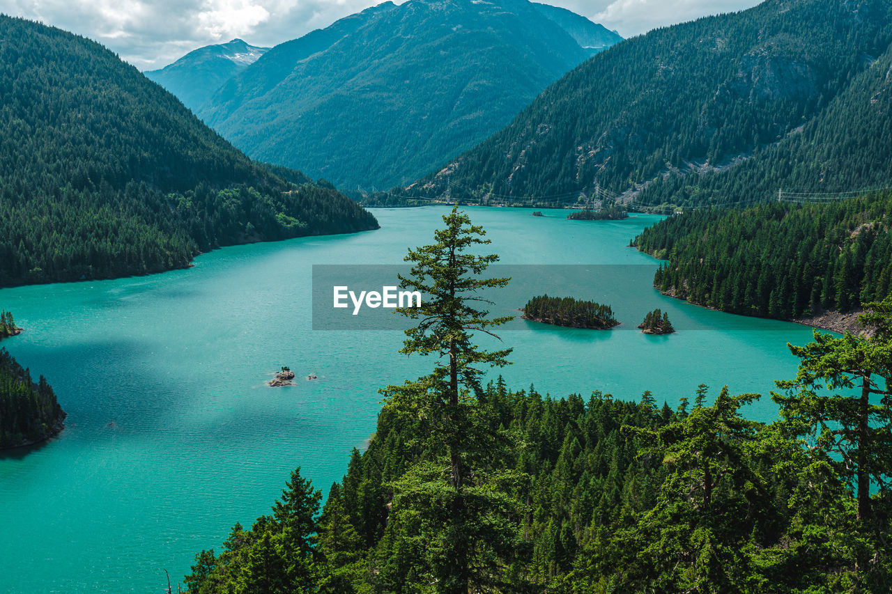 High angle view of lake and mountains