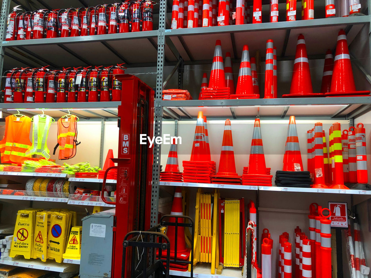 Traffic cones on shelves in store