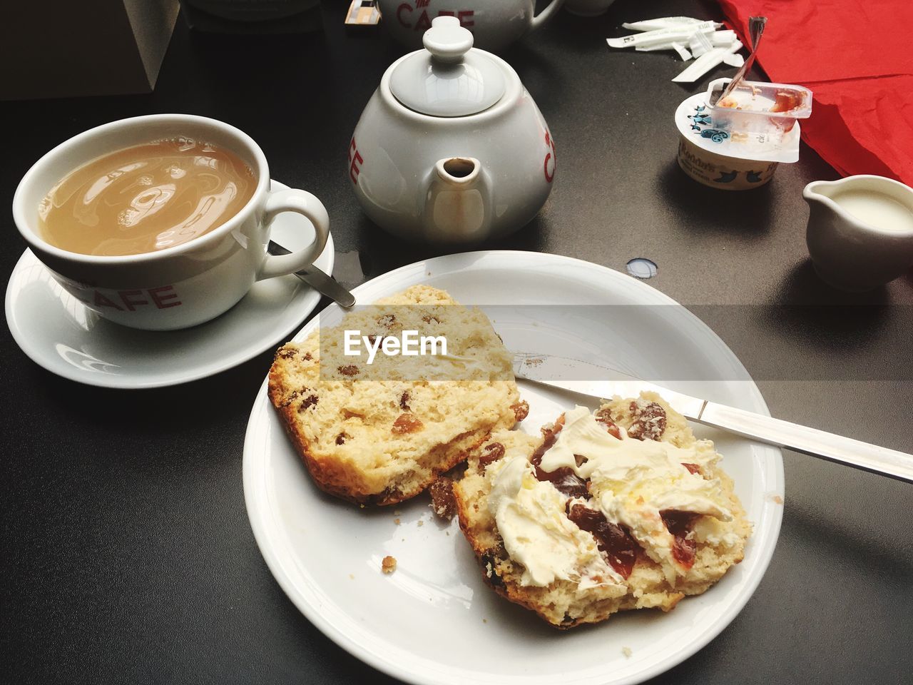 HIGH ANGLE VIEW OF BREAKFAST AND COFFEE ON TABLE