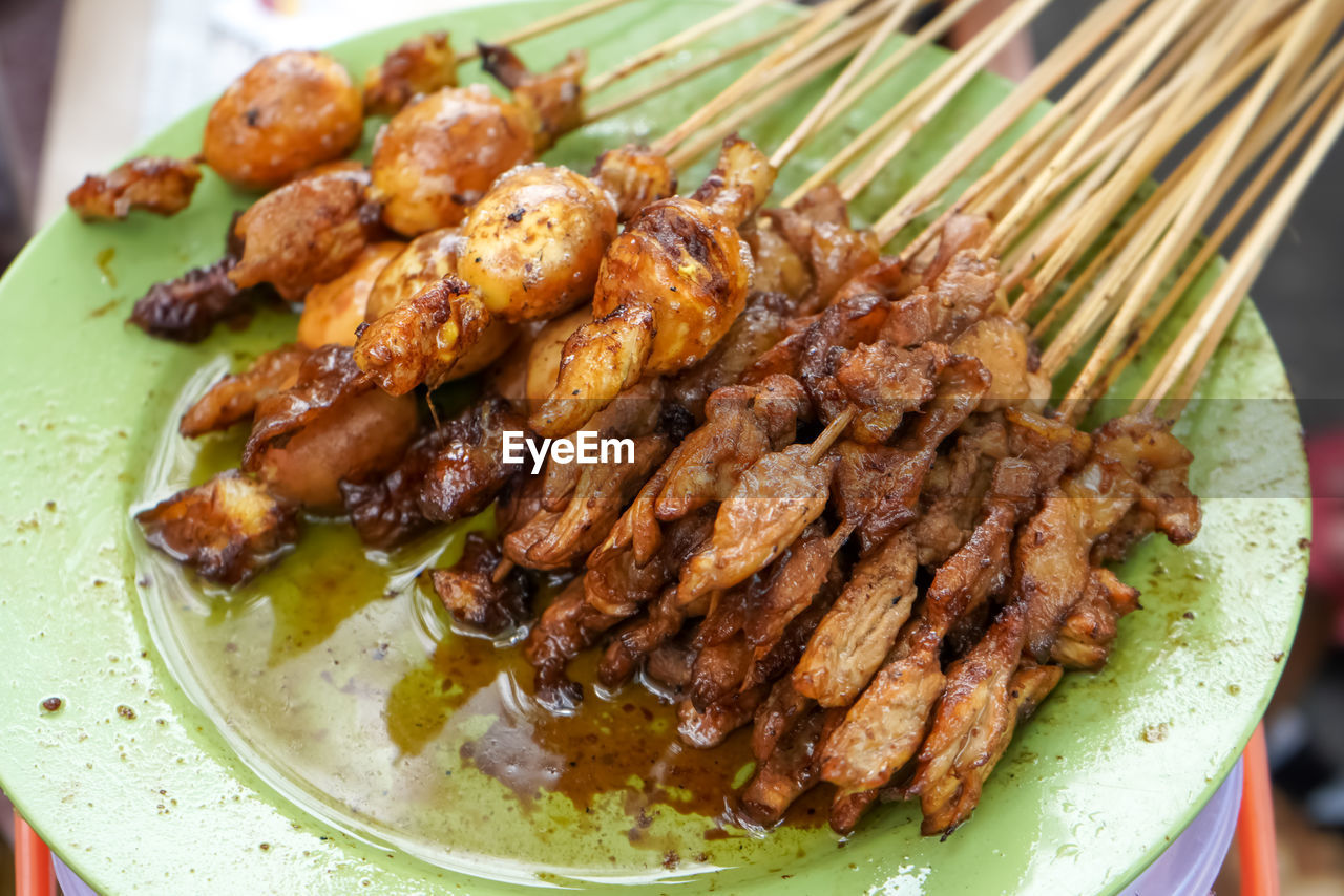 Sate or satay or sometimes satai is food made from pieces of meat chicken, goats, cows, pigs, fish. 