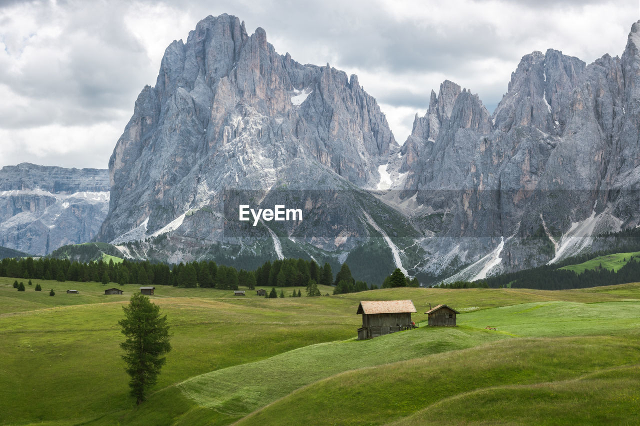 Scenic view of field a cabin and mountains against sky