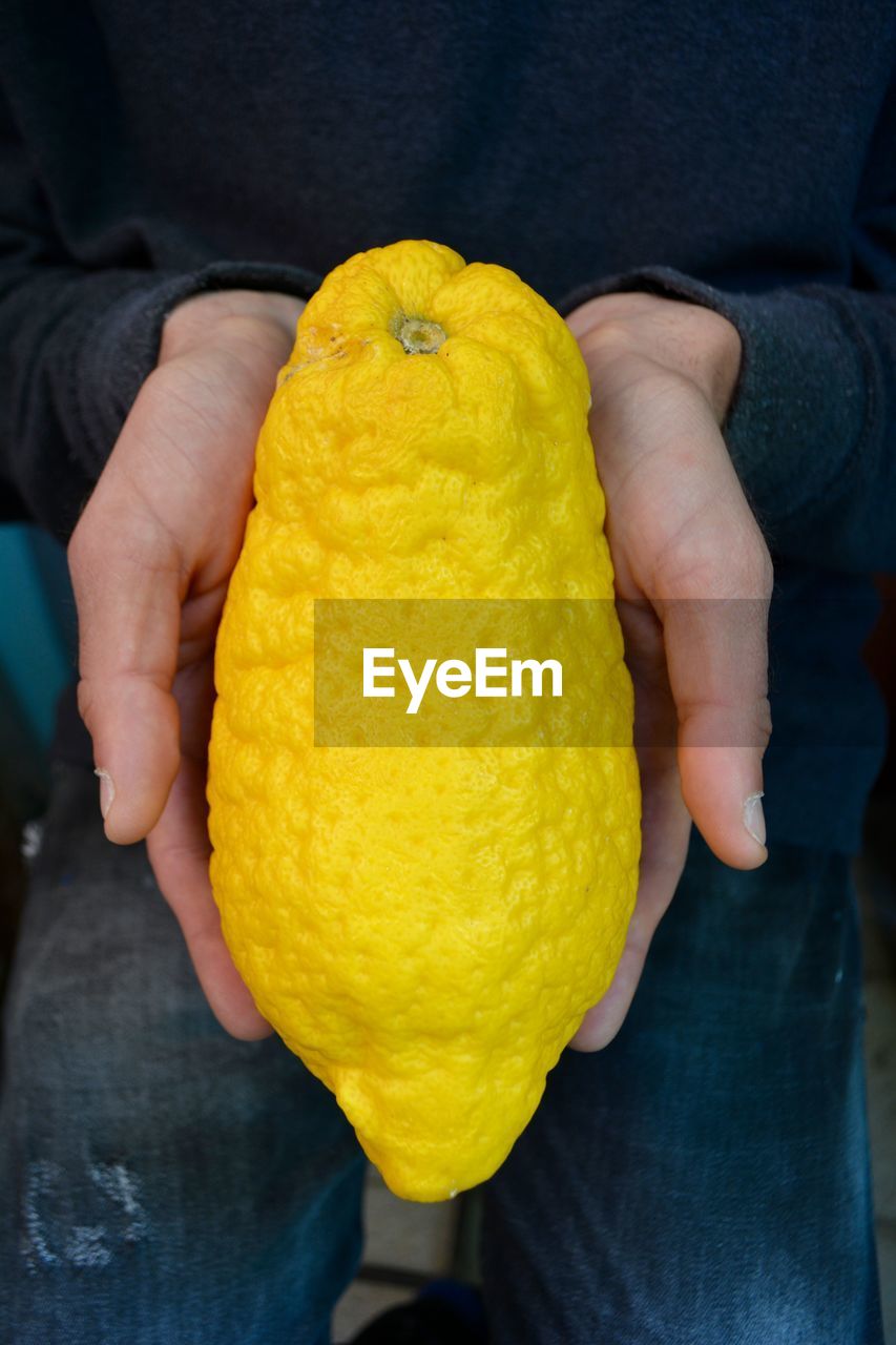 Close-up of hand holding yellow fruit lemon