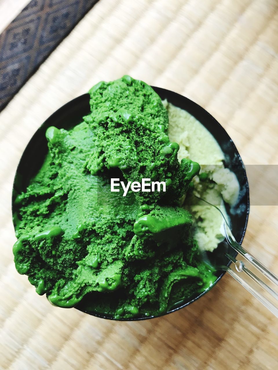 High angle view of ice cream in bowl on table