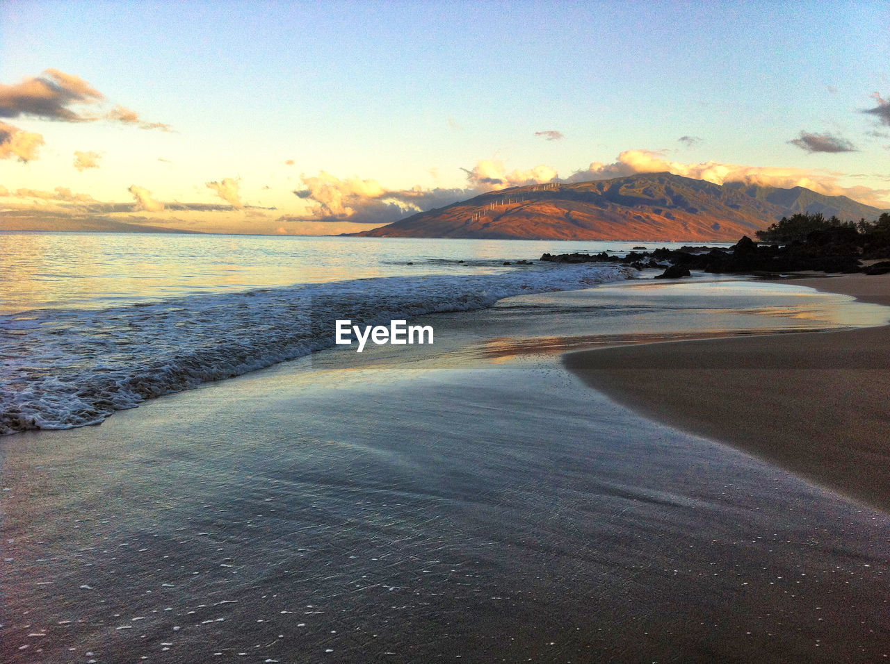 SCENIC VIEW OF BEACH AT SUNSET