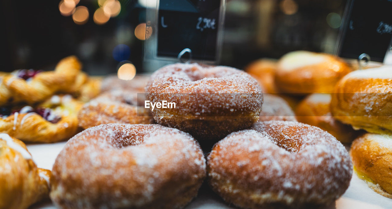 Close-up of sweet pastries for sale