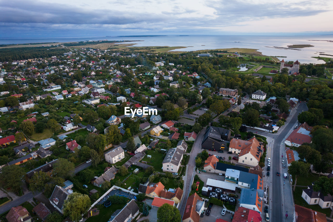 An aerial view of kuressaare city in saaremaa island during late august evening.