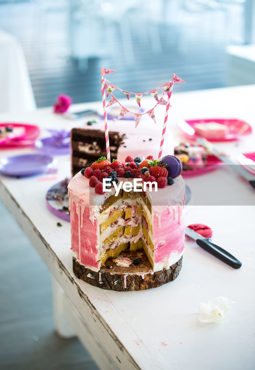 High angle view of cake in plate on table