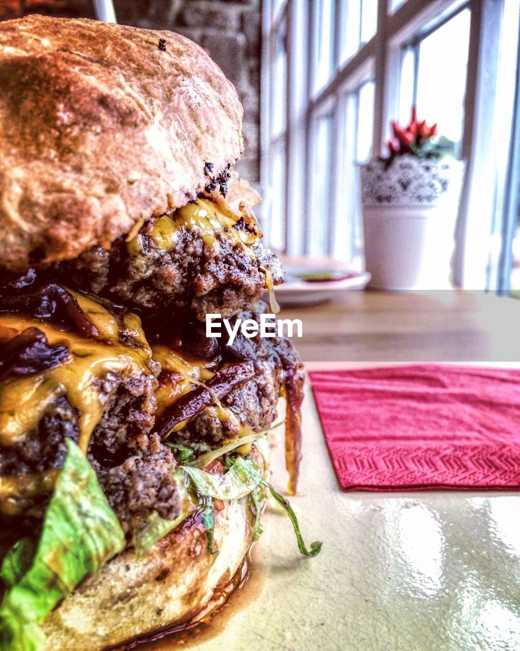 Close-up of burger on table