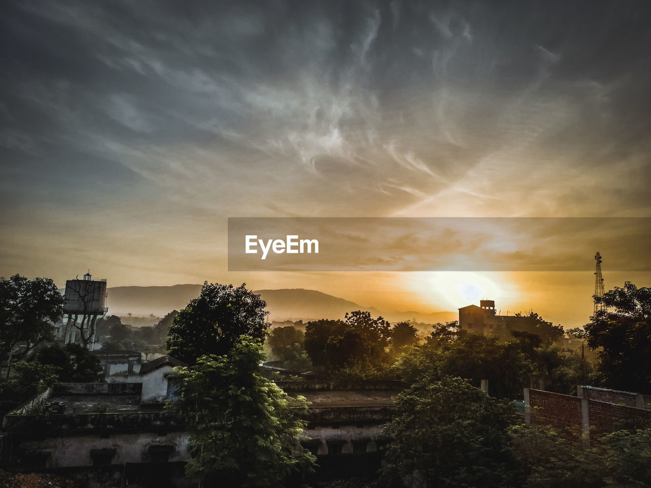 Trees and buildings against sky during sunset