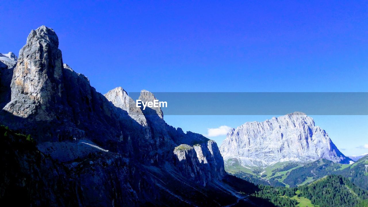 Panoramic view of snowcapped mountains against clear blue sky