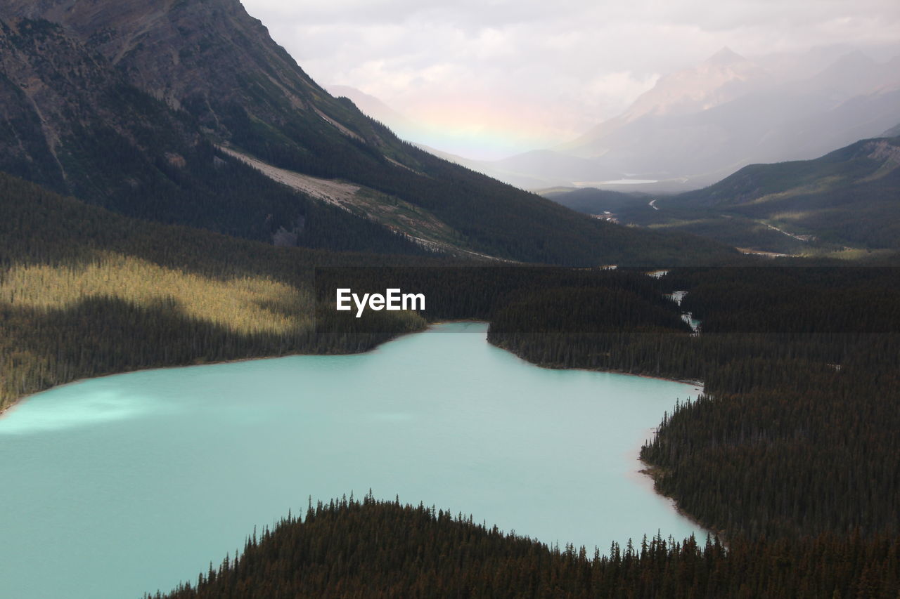 Panoramic view of lake and mountains against sky