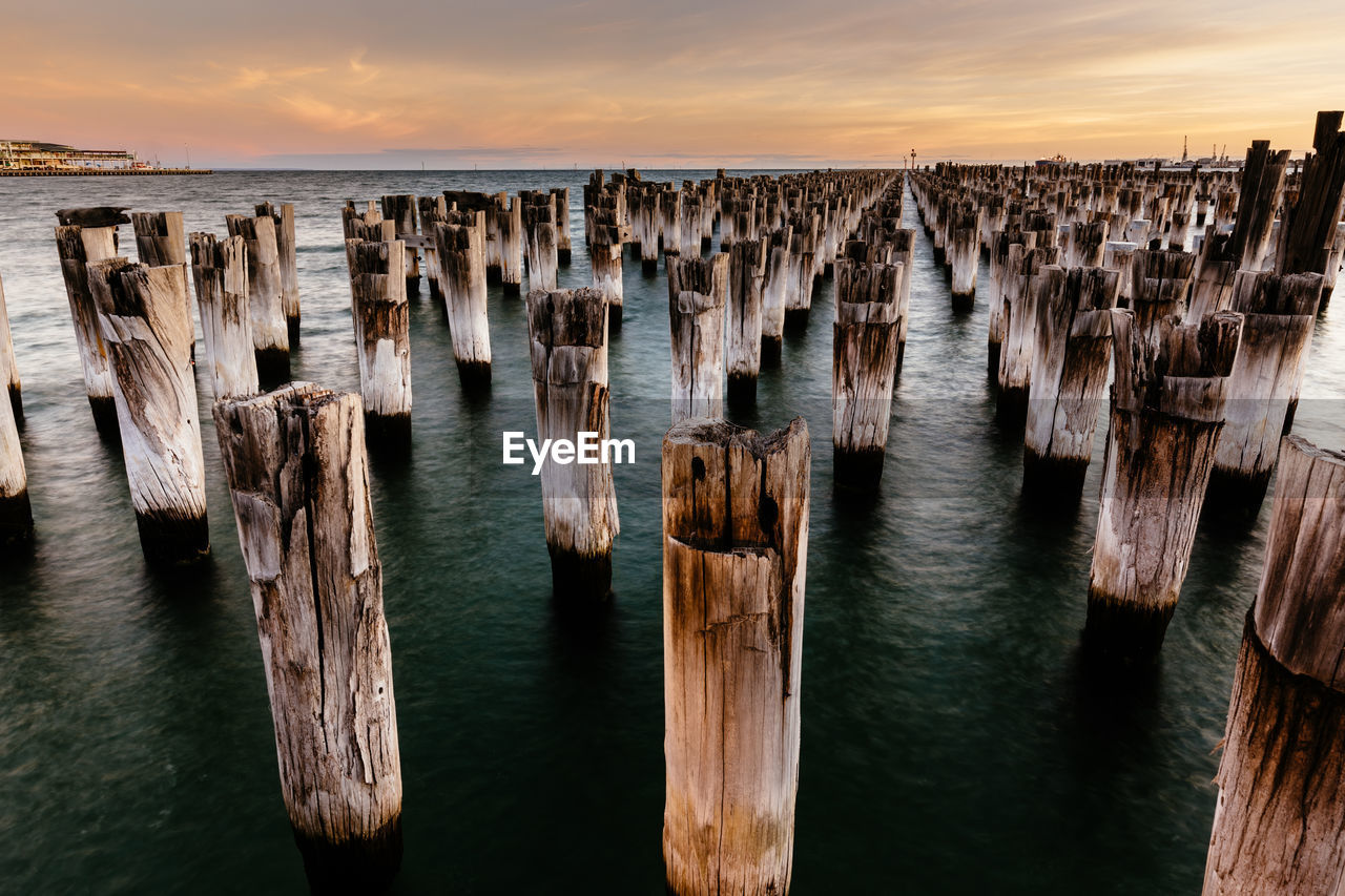 PANORAMIC VIEW OF WOODEN POSTS IN SEA