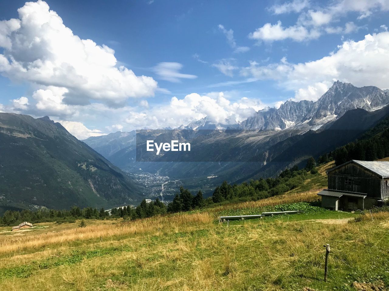 Scenic view of field and mountains against sky