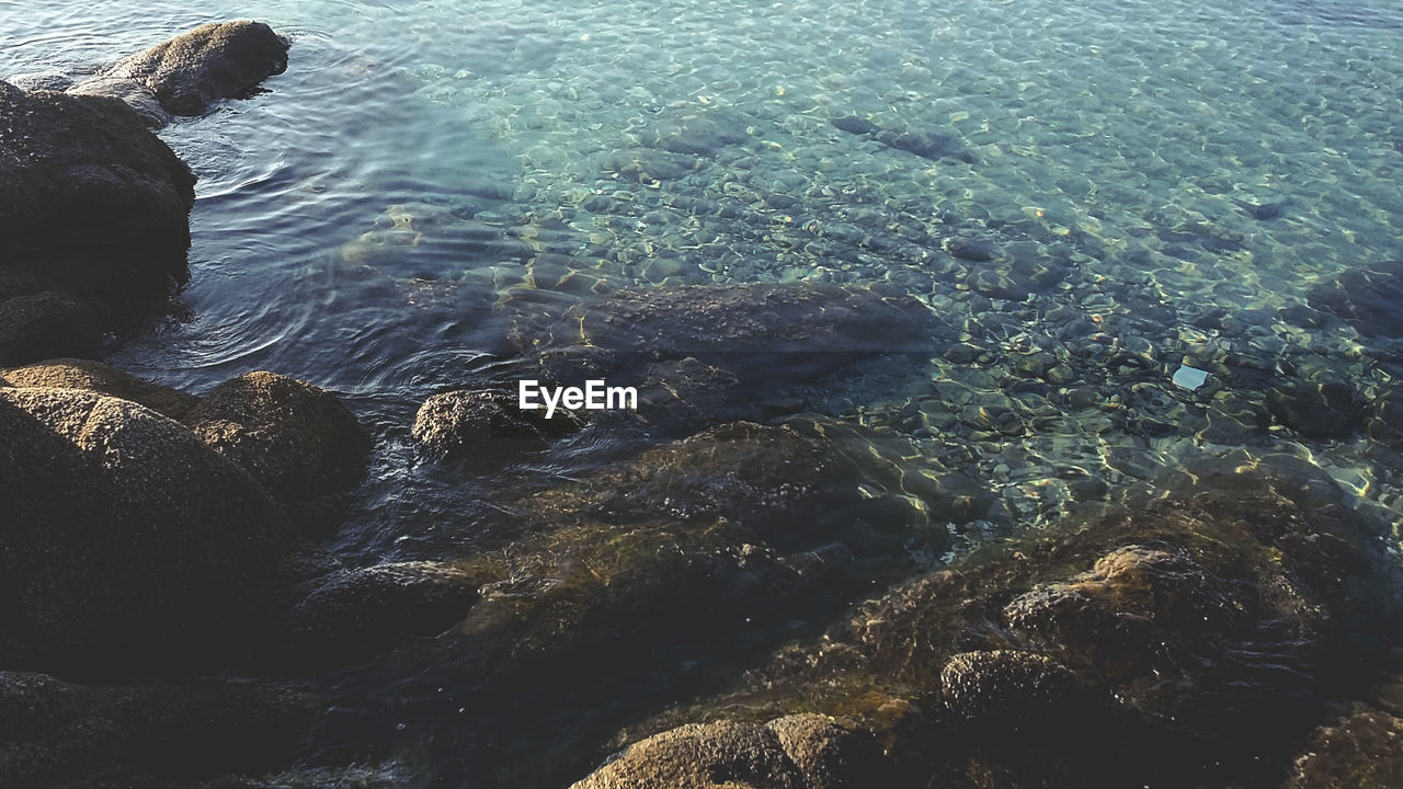 High angle view of rocks at sea