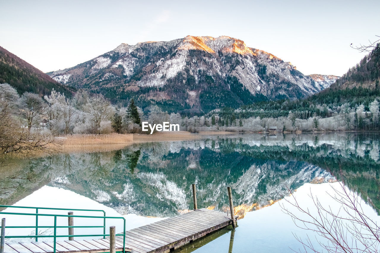 Scenic view of lake and mountains against sky