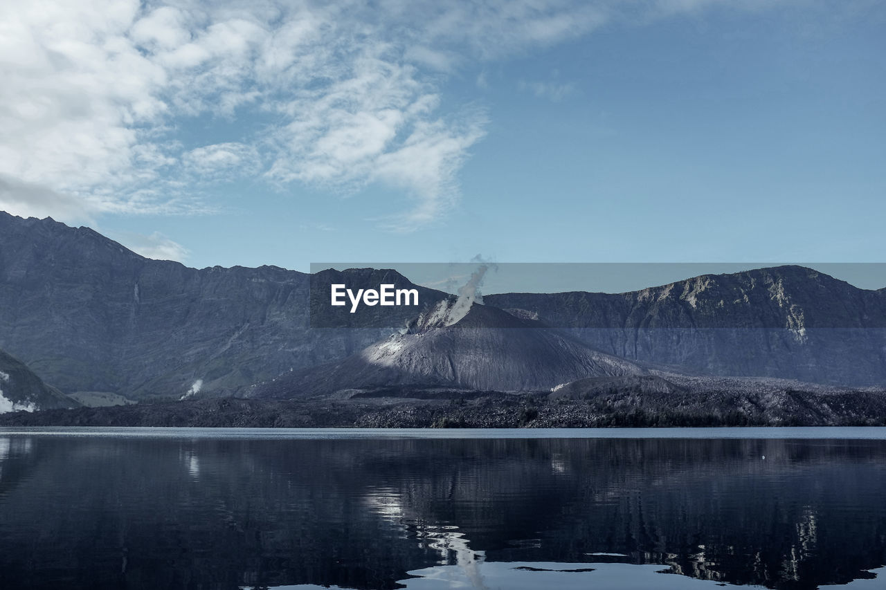 Scenic view of lake against cloudy sky