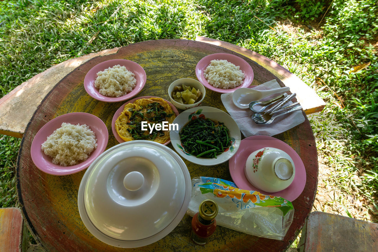 HIGH ANGLE VIEW OF FOOD ON TABLE AT FIELD