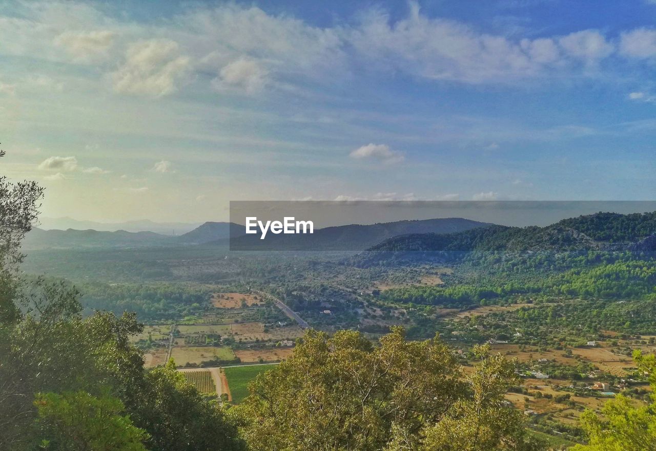 HIGH ANGLE VIEW OF TREES AND LANDSCAPE AGAINST SKY