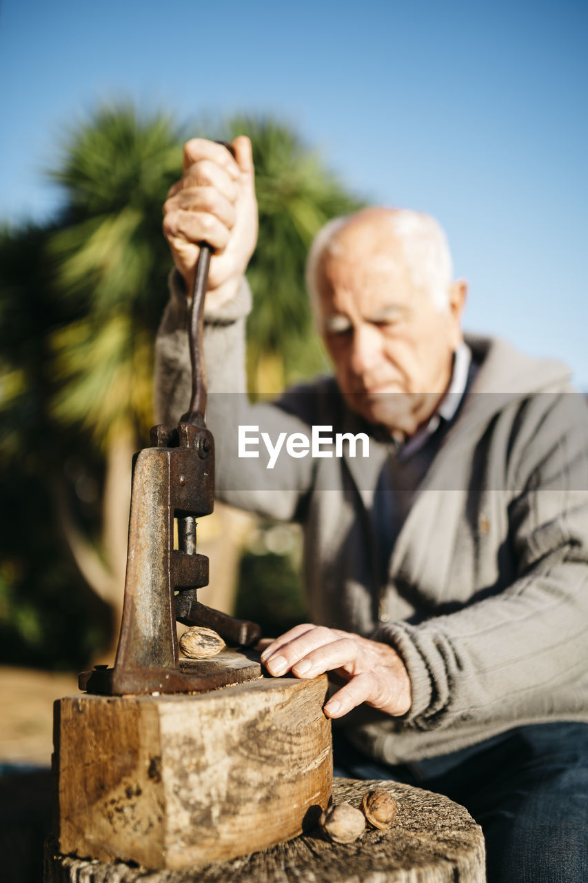 Senior man using an old tool for cracking walnuts