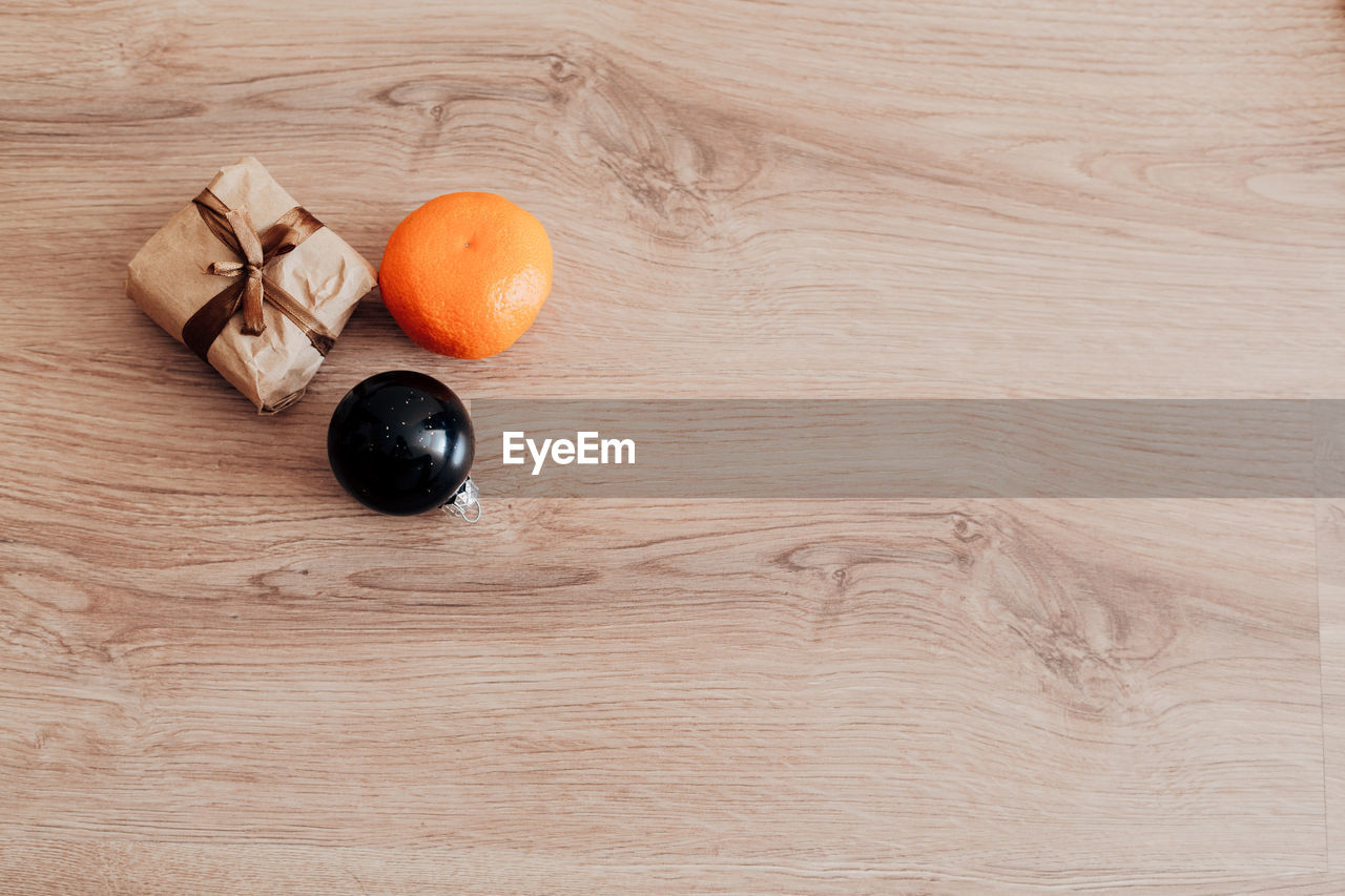 high angle view of fruits on wooden table