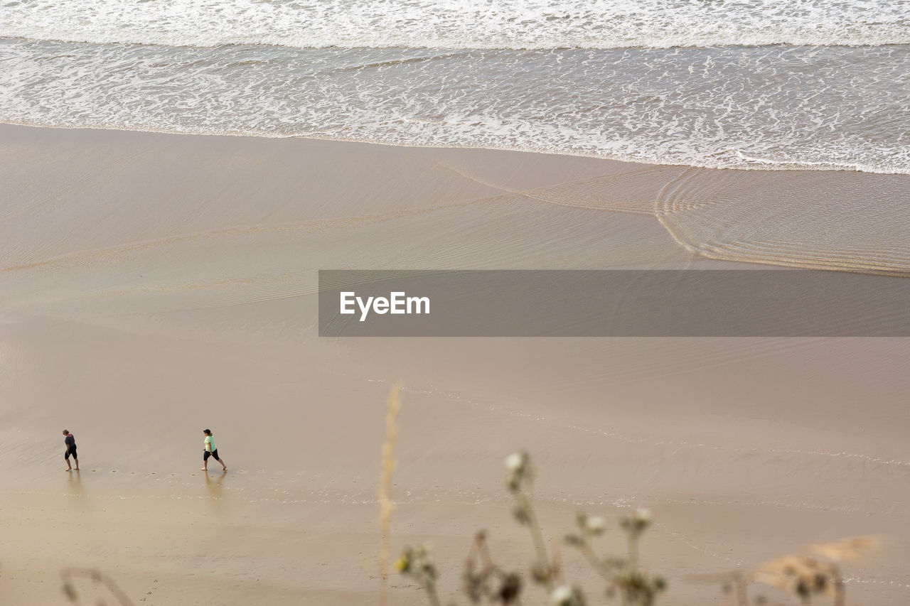 High angle view of man and woman walking at beach