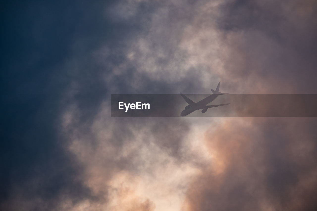 LOW ANGLE VIEW OF SILHOUETTE AIRPLANE IN SKY