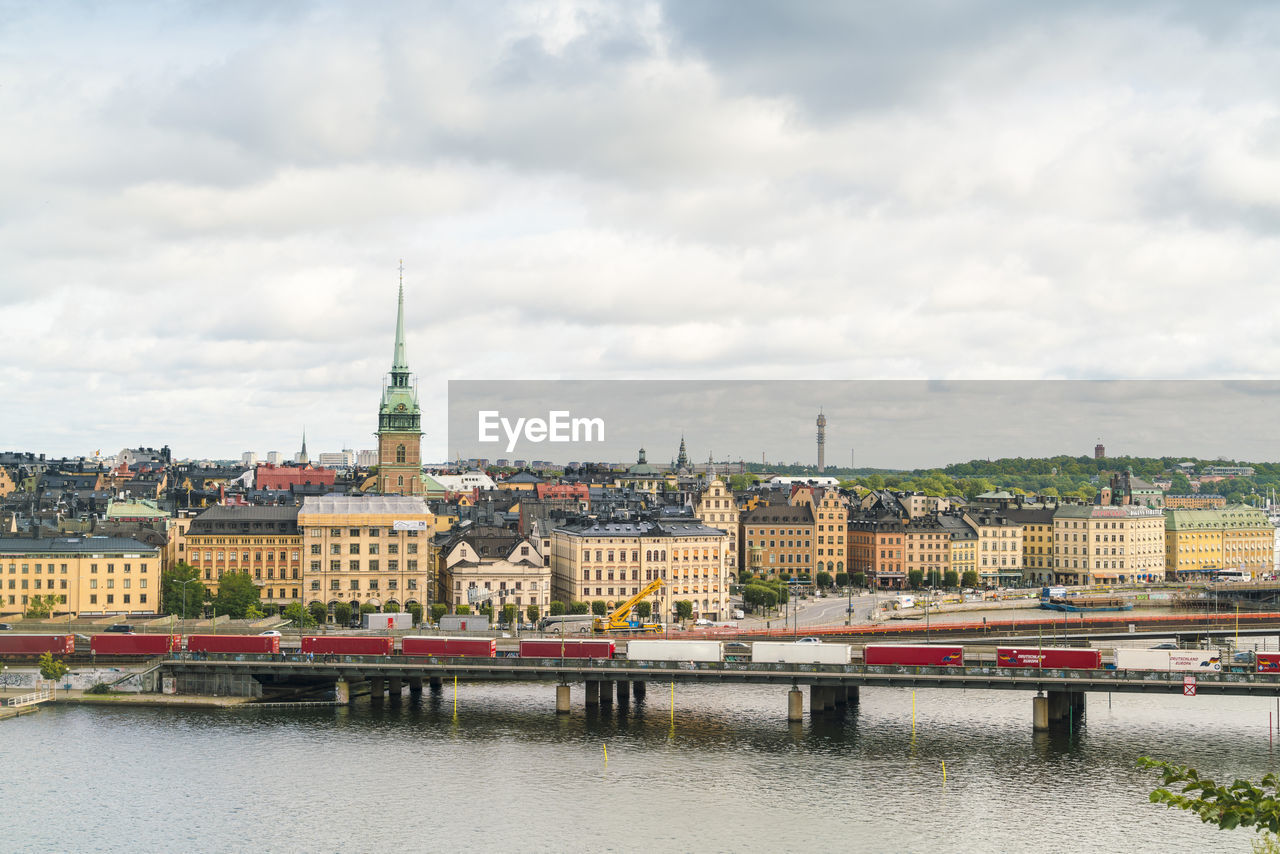 View of the skyline of gamla stan and stockholm with the train track