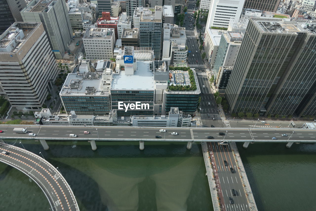 High angle view of street amidst buildings in city