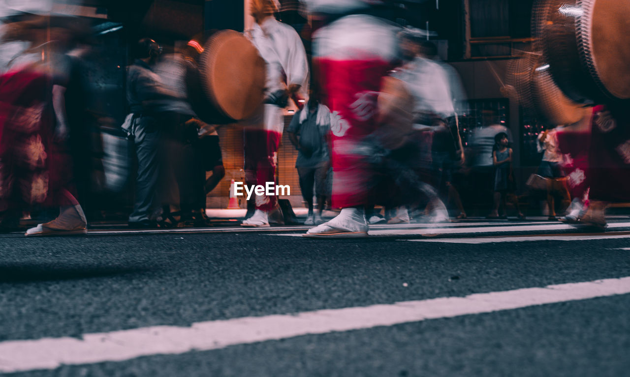 Blurred motion of people walking on street in city