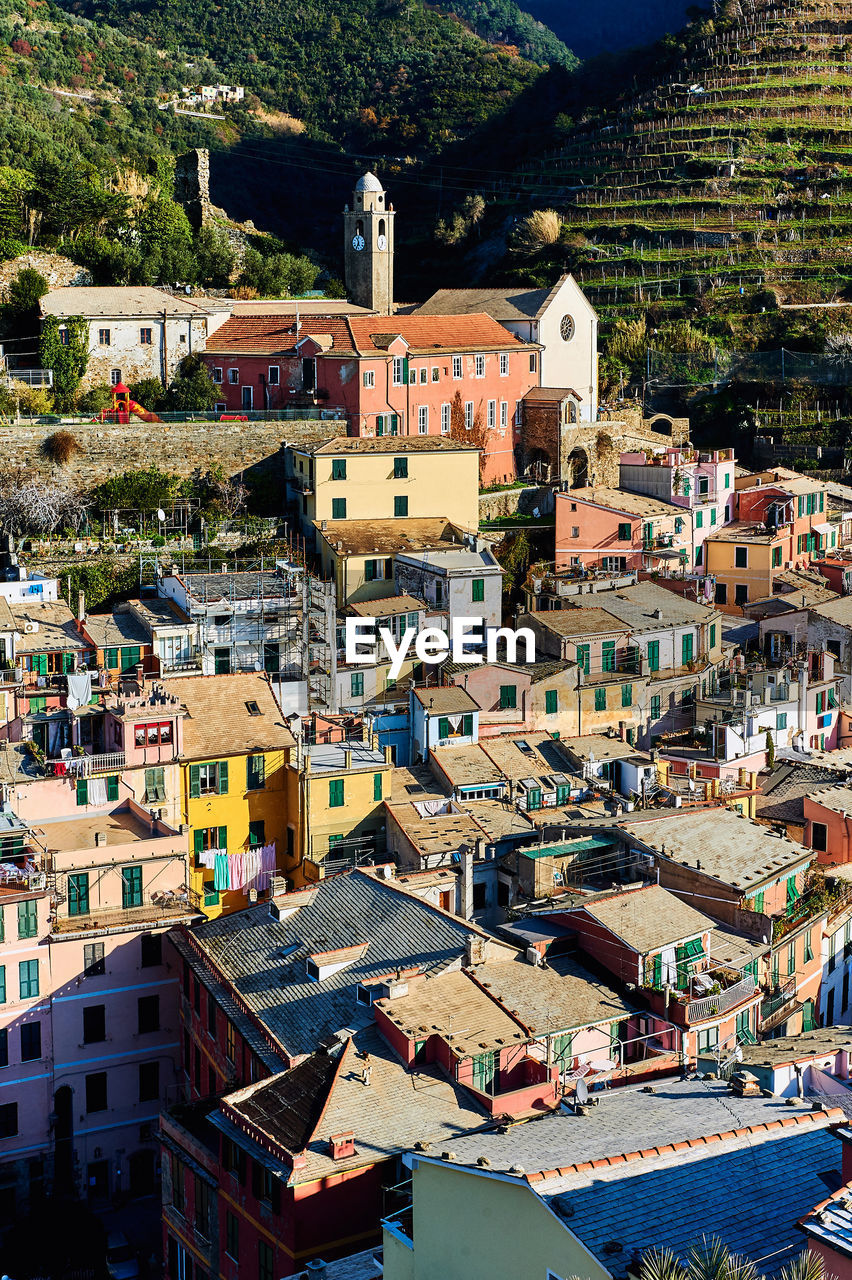 High angle view of houses in town