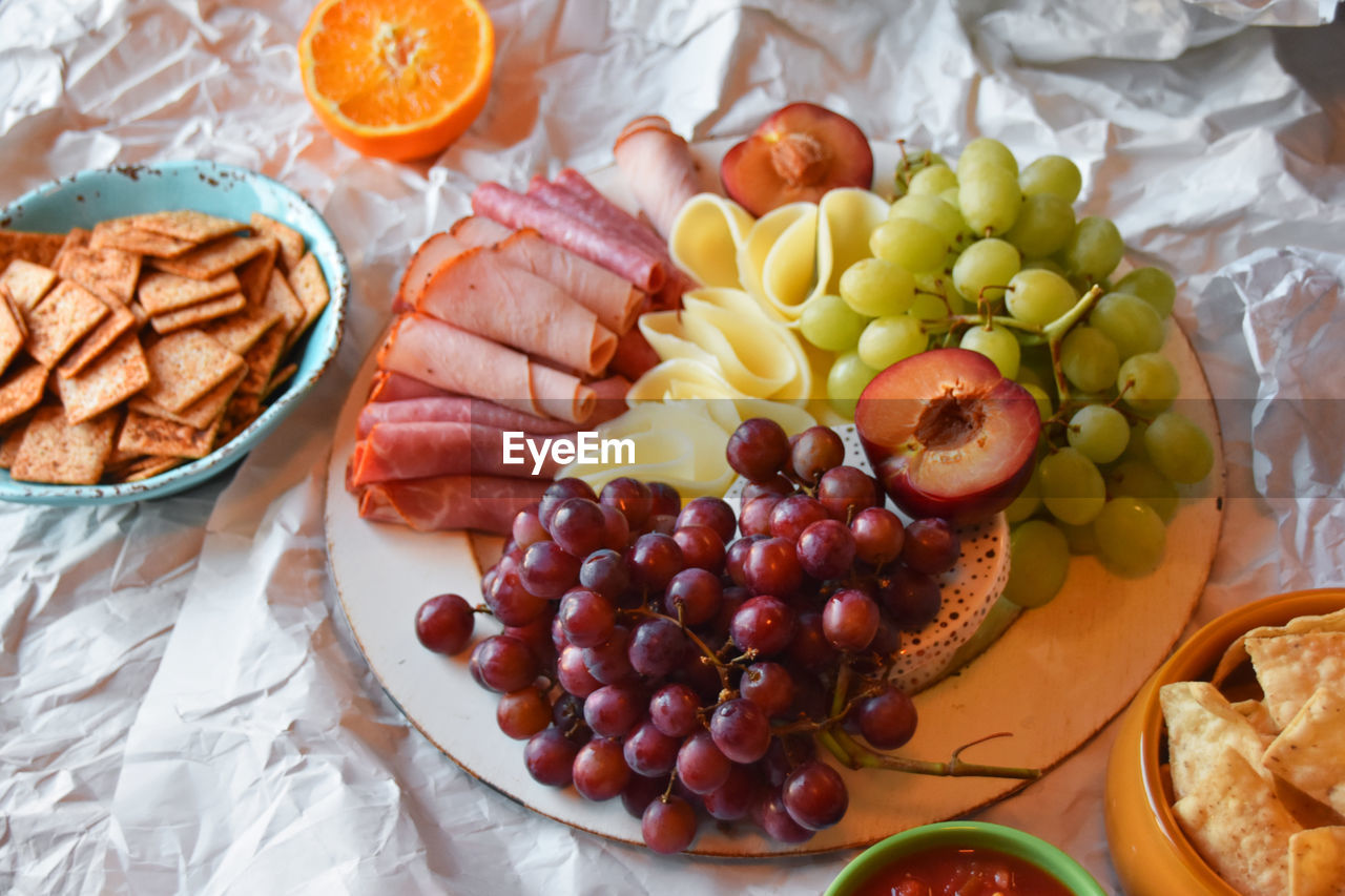 High angle view of fresh food on crumpled paper