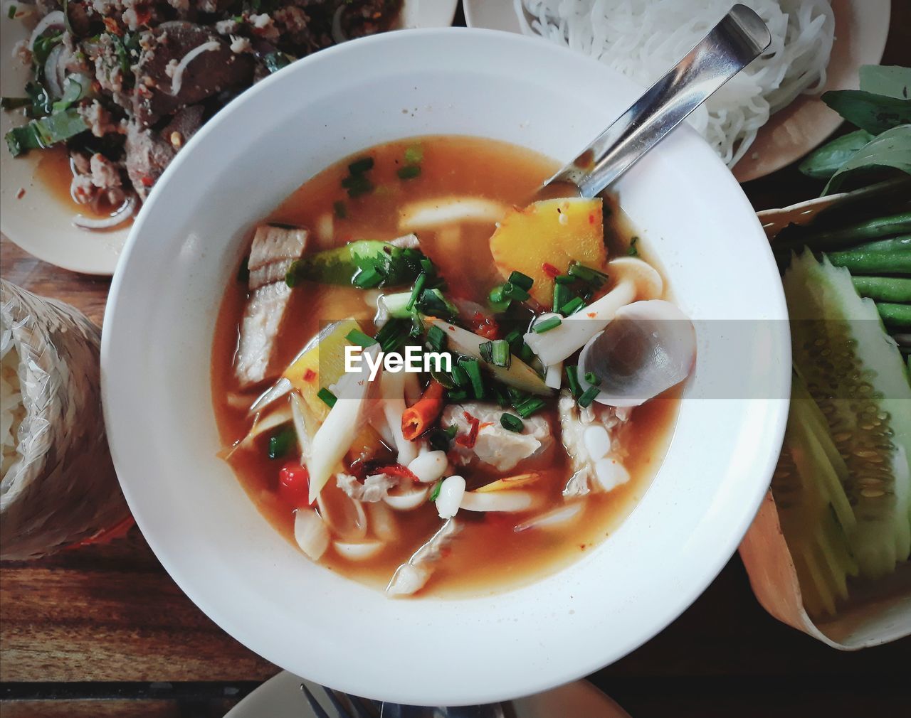 Directly above shot of soup in bowl on table