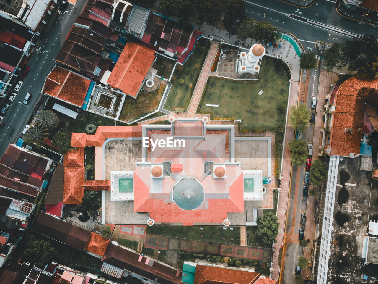 Kapitan keling mosque top-down aerial drone view at george town, penang, malaysia