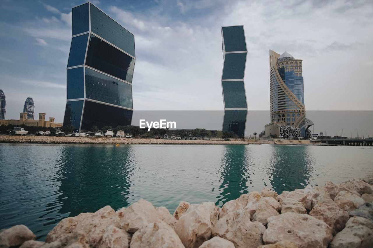 VIEW OF CITY BUILDINGS BY RIVER