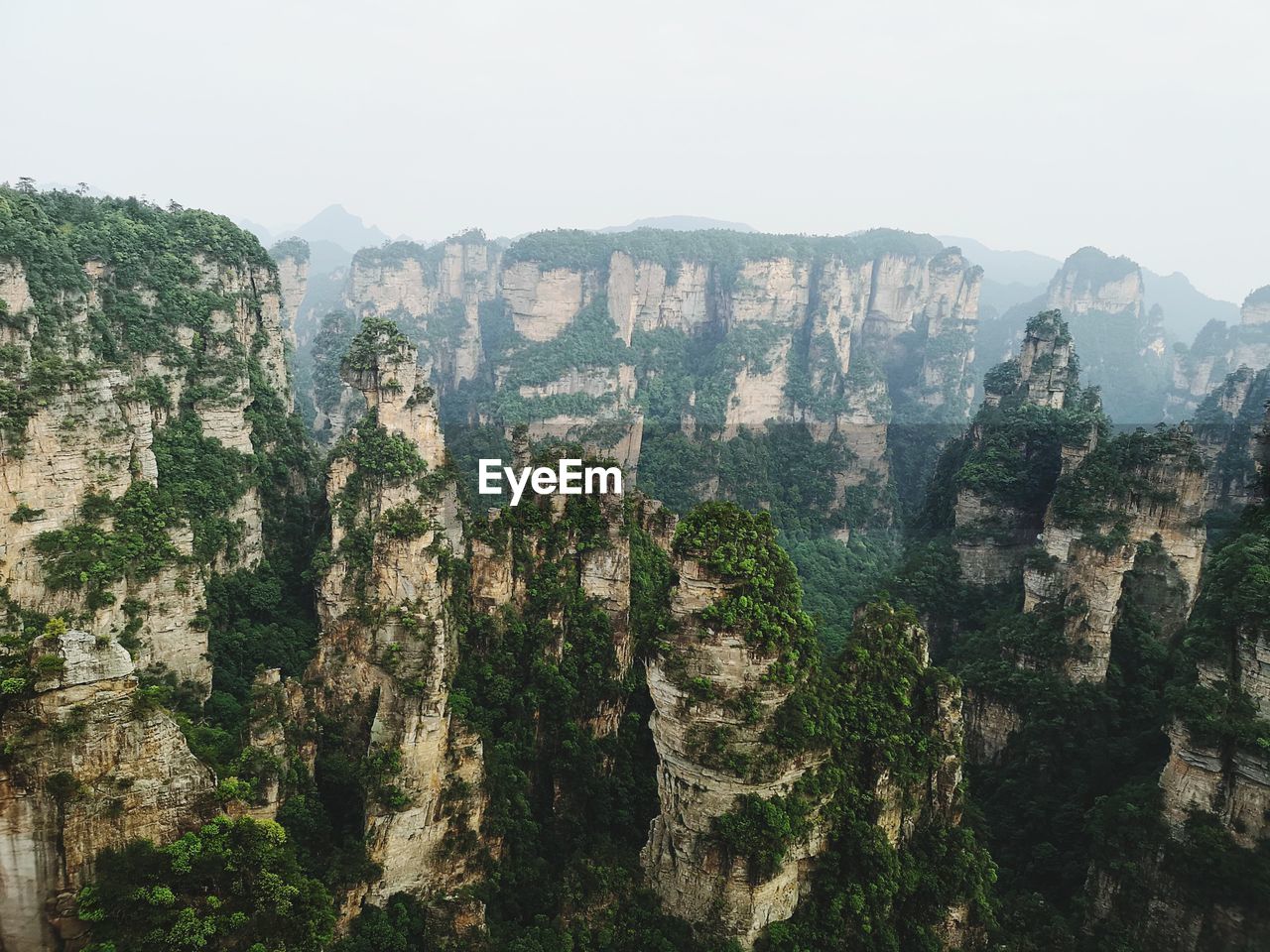 High angle view of trees and mountains against sky