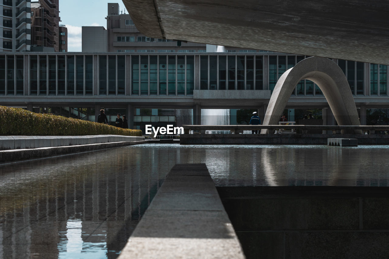 BRIDGE OVER RIVER AGAINST MODERN BUILDINGS