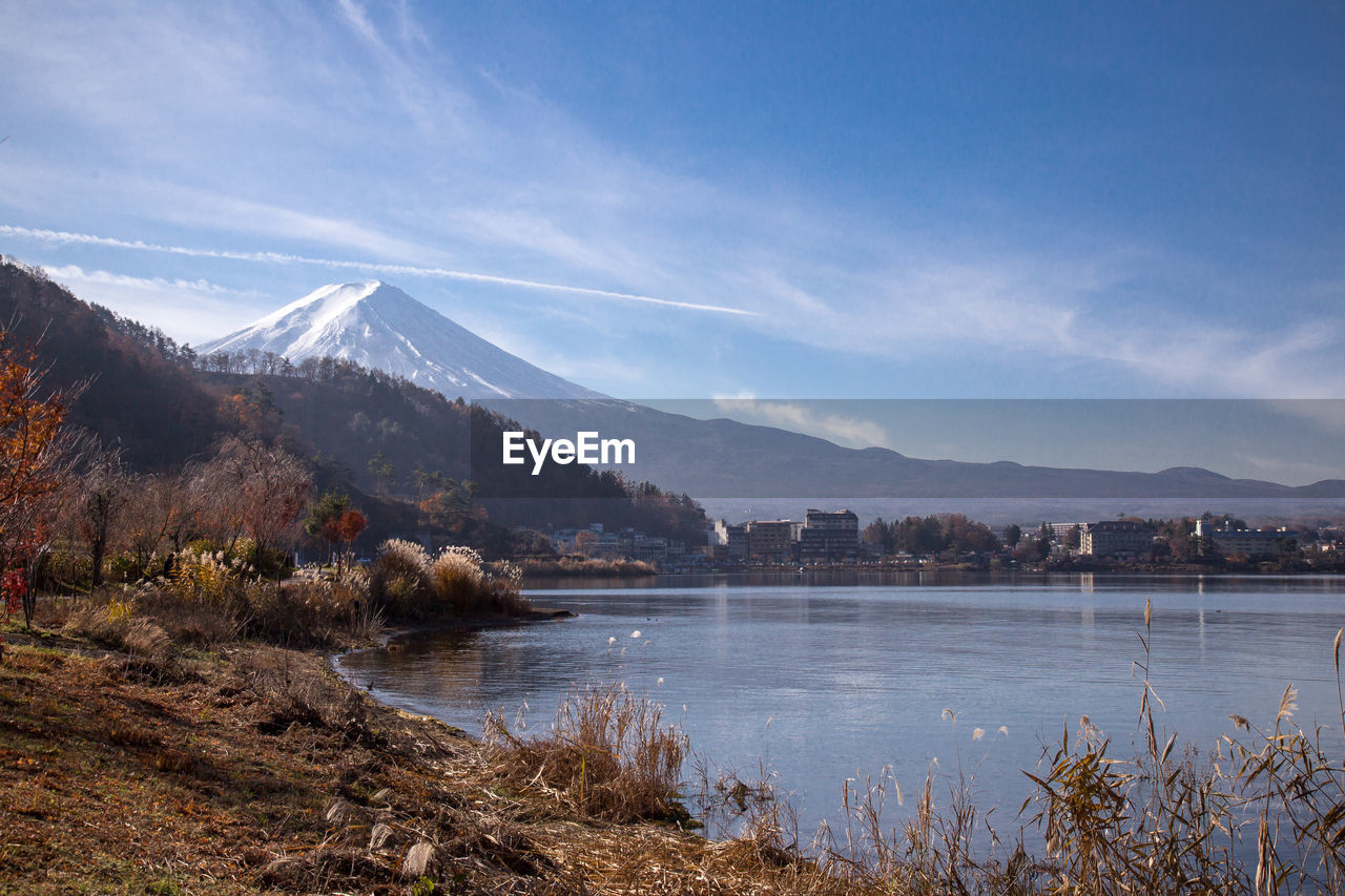 Scenic view of lake and mountains against sky