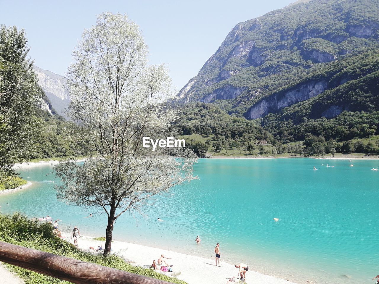 HIGH ANGLE VIEW OF SEA BY TREE MOUNTAINS AGAINST SKY