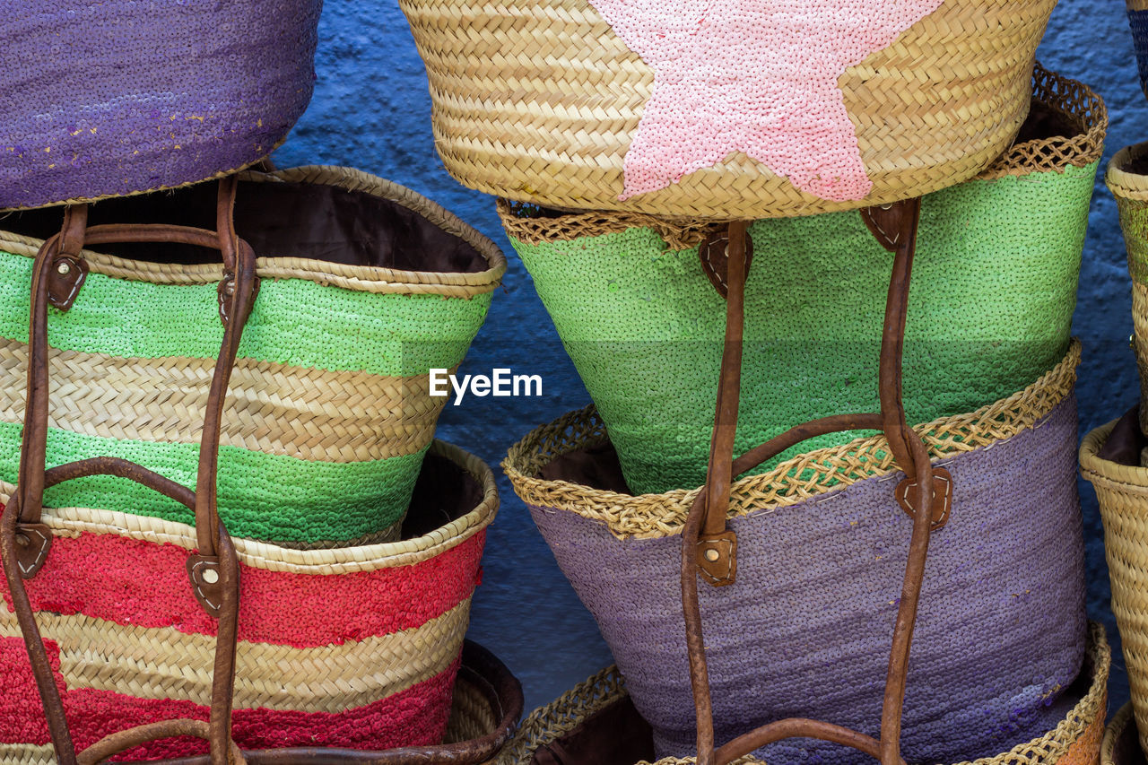 Full frame shot of colorful purses for sale at market