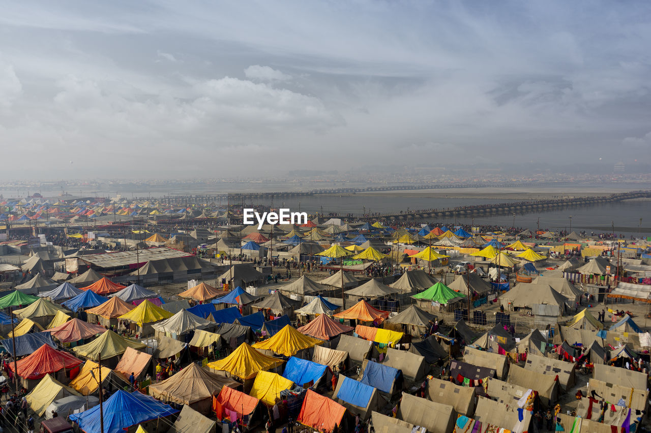 High angle view of tents against sky