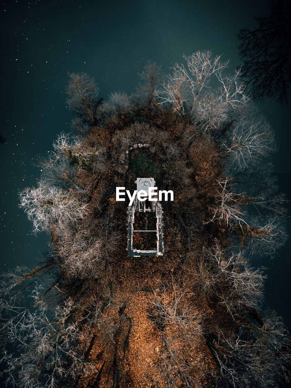 Scenic view of island from above with abandoned chapel