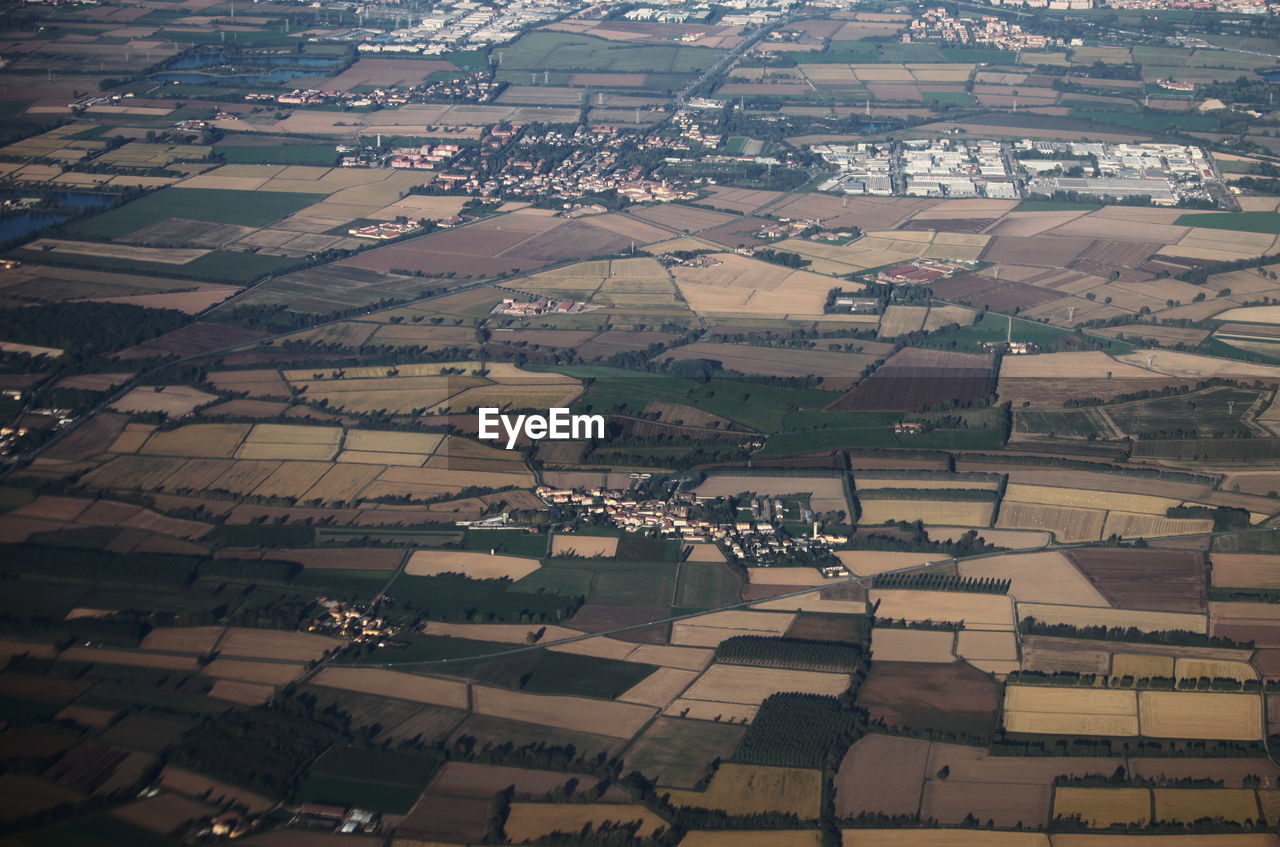 High angle view of buildings on field