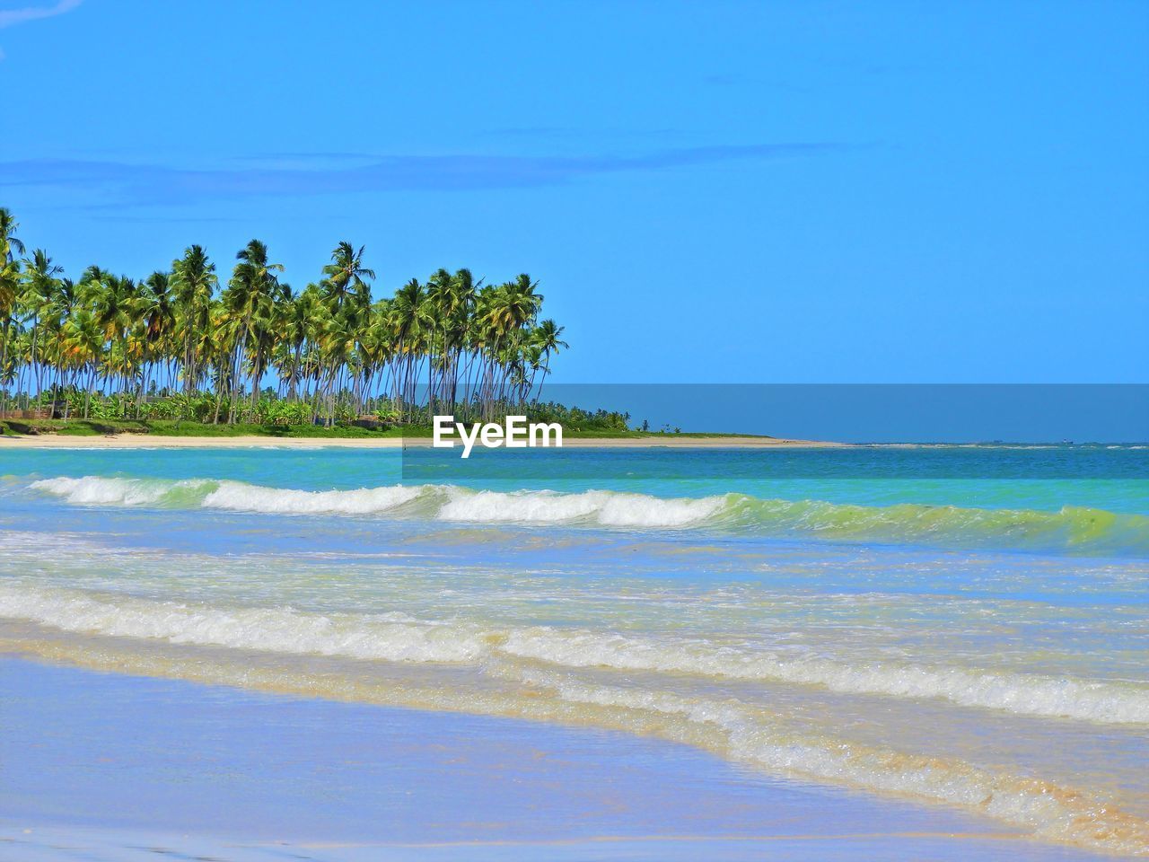 Scenic view of beach against clear blue sky