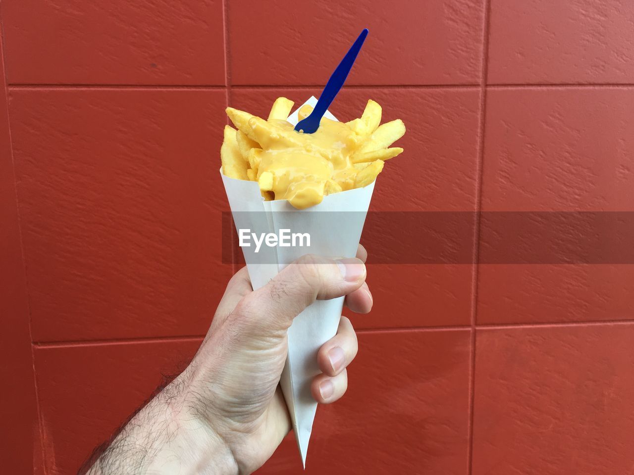 Cropped image of hand holding french fries in cone against tiled wall